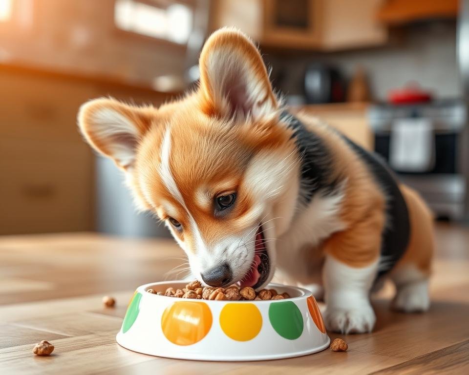 corgi dog eating