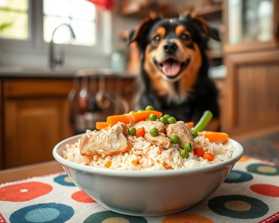 feeding dog chicken and rice